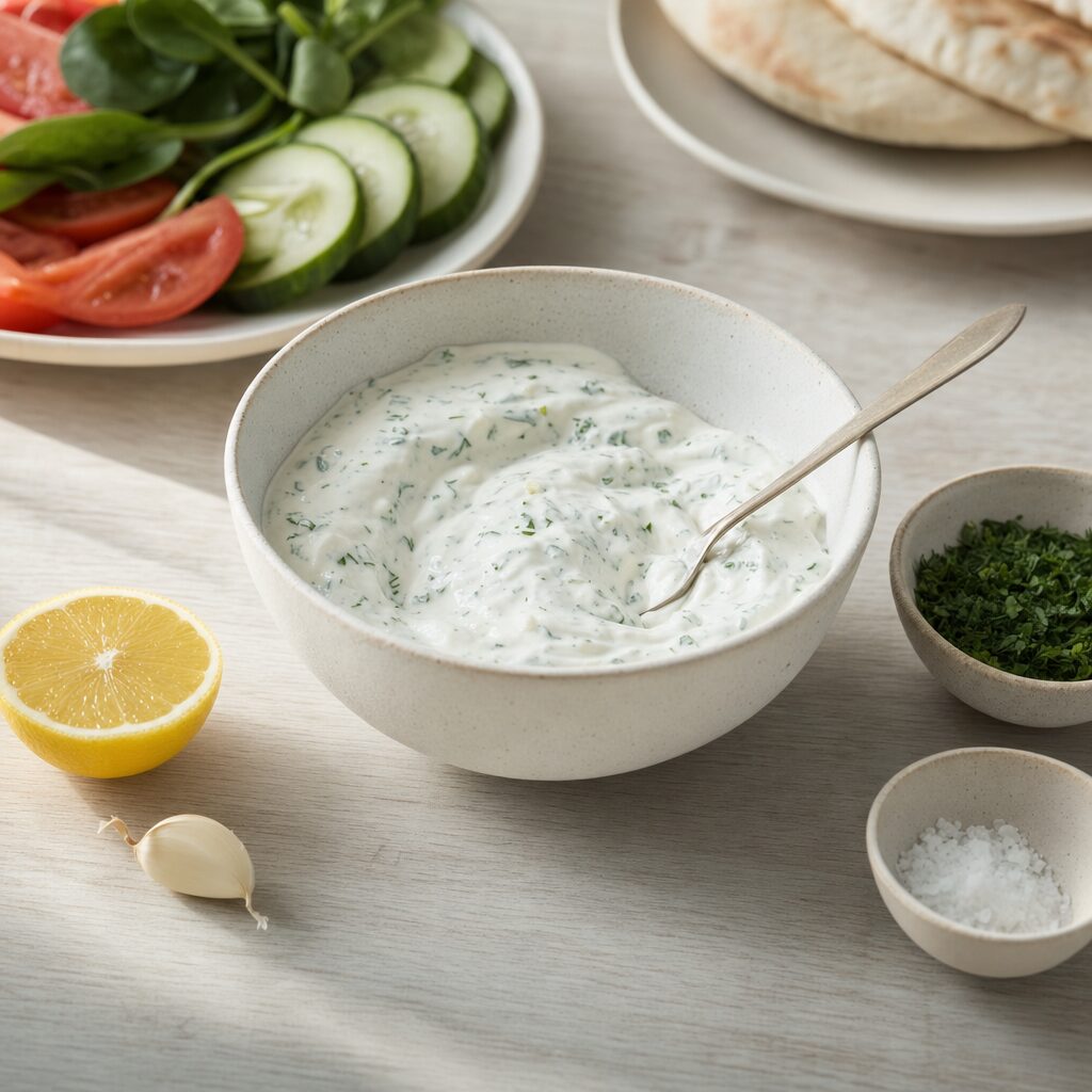 Creme fraiche dressing røres med hvidløg citron salt og krydderurter til pitabrød i min airfryer