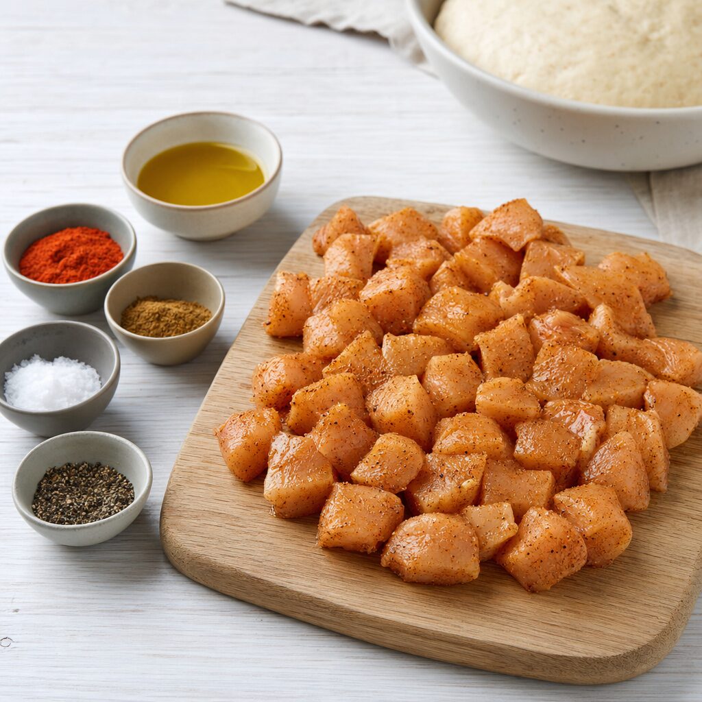 Kyllingebryst skæres i tern og krydres til pitabrød i min airfryer