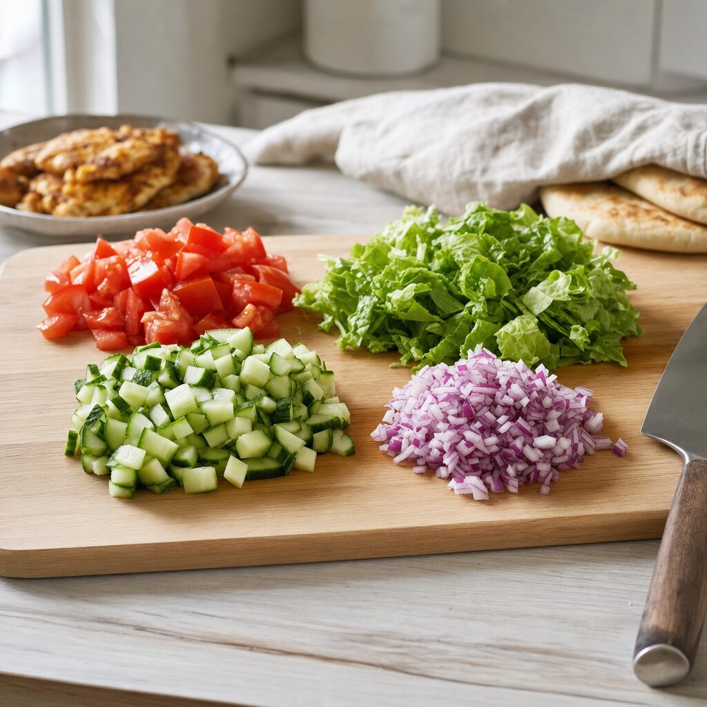 Agurk tomater rødløg og salat klargøres til pitabrød i min airfryer