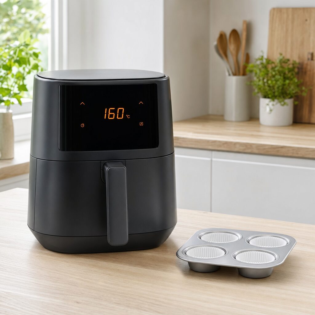 Airfryer forvarmes til 160 grader og fire cupcakeforme gøres klar til red velvet cupcakes i min airfryer opskrift