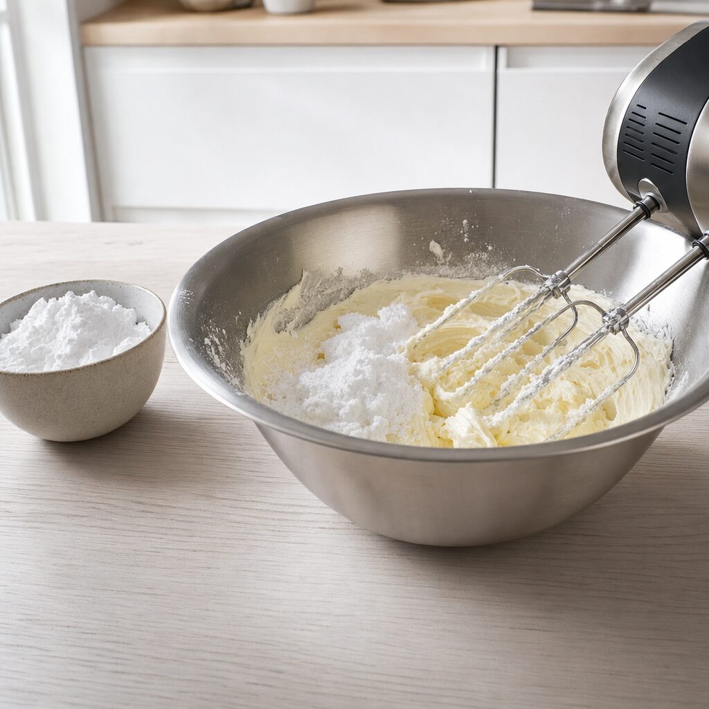 Flormelis piskes i smørret til hvid og glat flødeostcreme til red velvet cupcakes i min airfryer opskrift