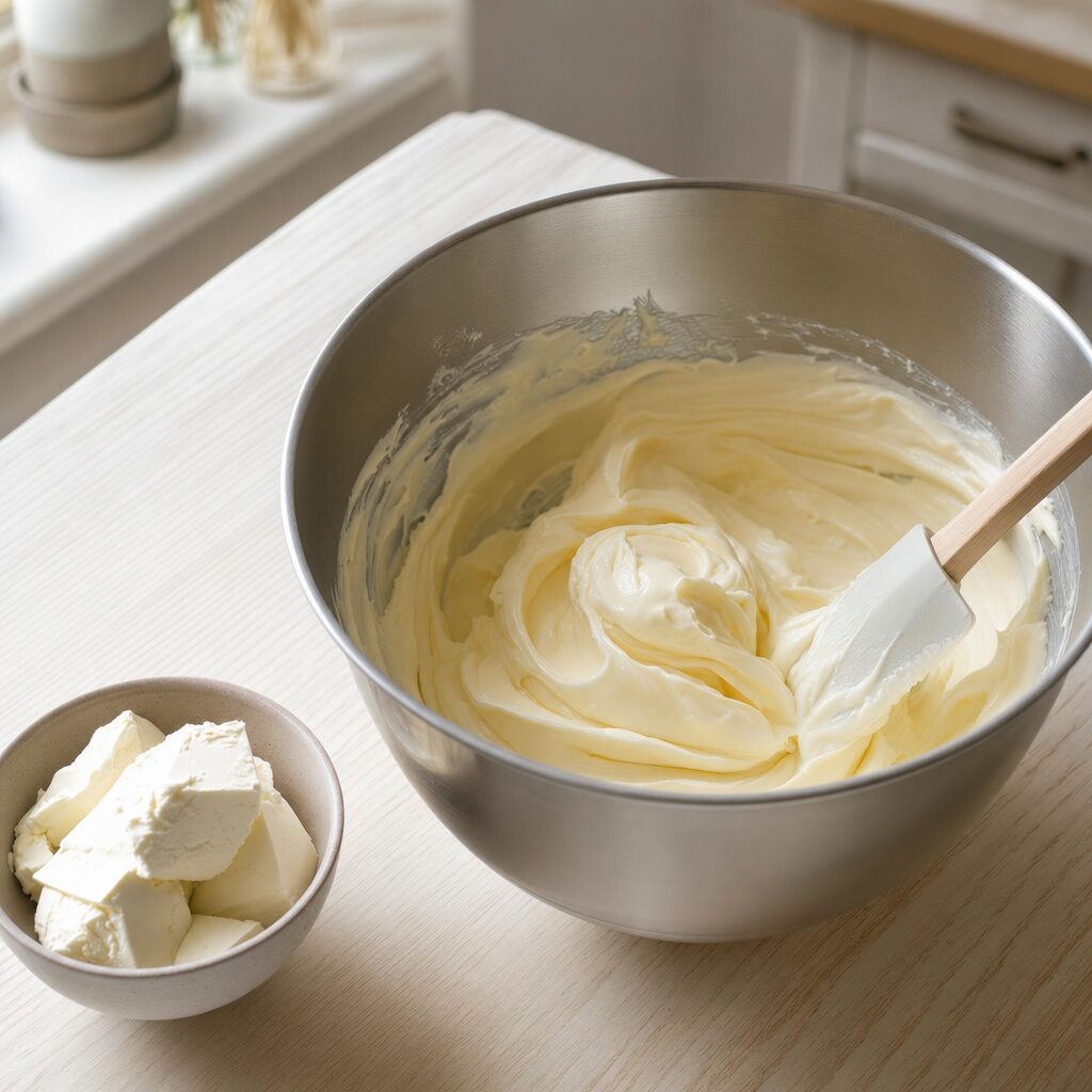Flødeost vendes forsigtigt i cremen til red velvet cupcakes i min airfryer opskrift