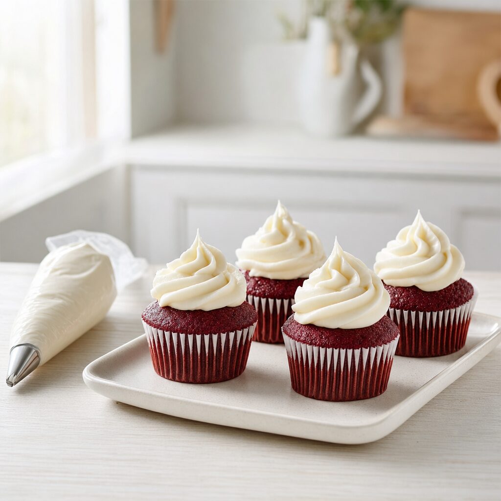 Flødeostcreme sprøjtes på afkølede red velvet cupcakes i min airfryer opskrift