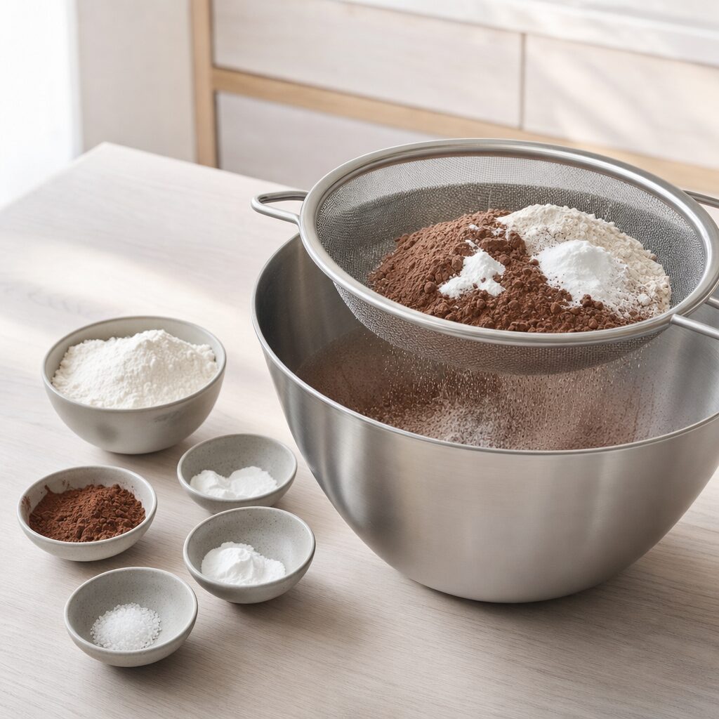 Mel kakao bagepulver natron og salt sigtes sammen til red velvet cupcakes i min airfryer opskrift