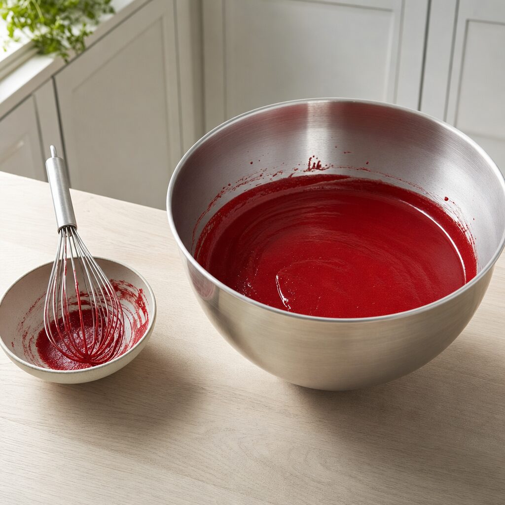 Rød pastafarve piskes i de våde ingredienser til red velvet cupcakes i min airfryer opskrift