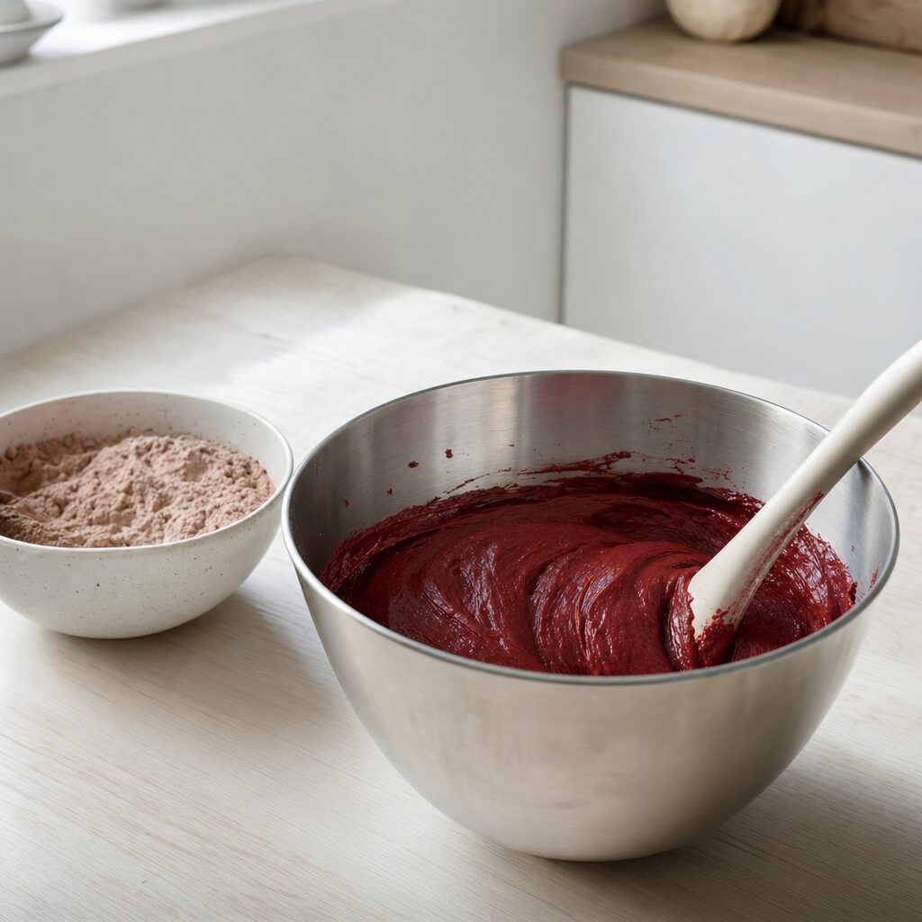 Tørre ingredienser vendes i den røde dej til red velvet cupcakes i min airfryer opskrift