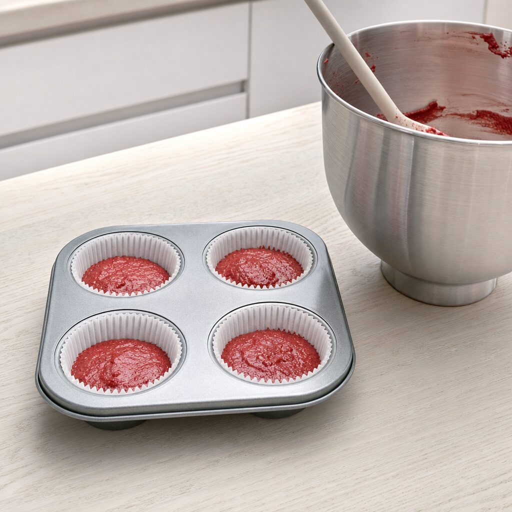 Red velvet dej fordeles i fire cupcakeforme klar til første bagehold i min airfryer opskrift