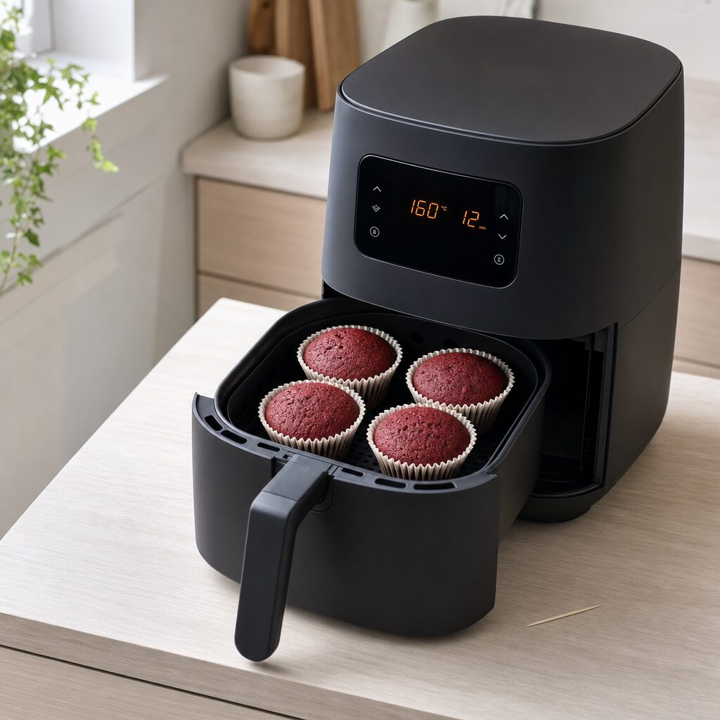 Fire red velvet cupcakes bages i airfryer og tjekkes med tandstik i min airfryer opskrift
