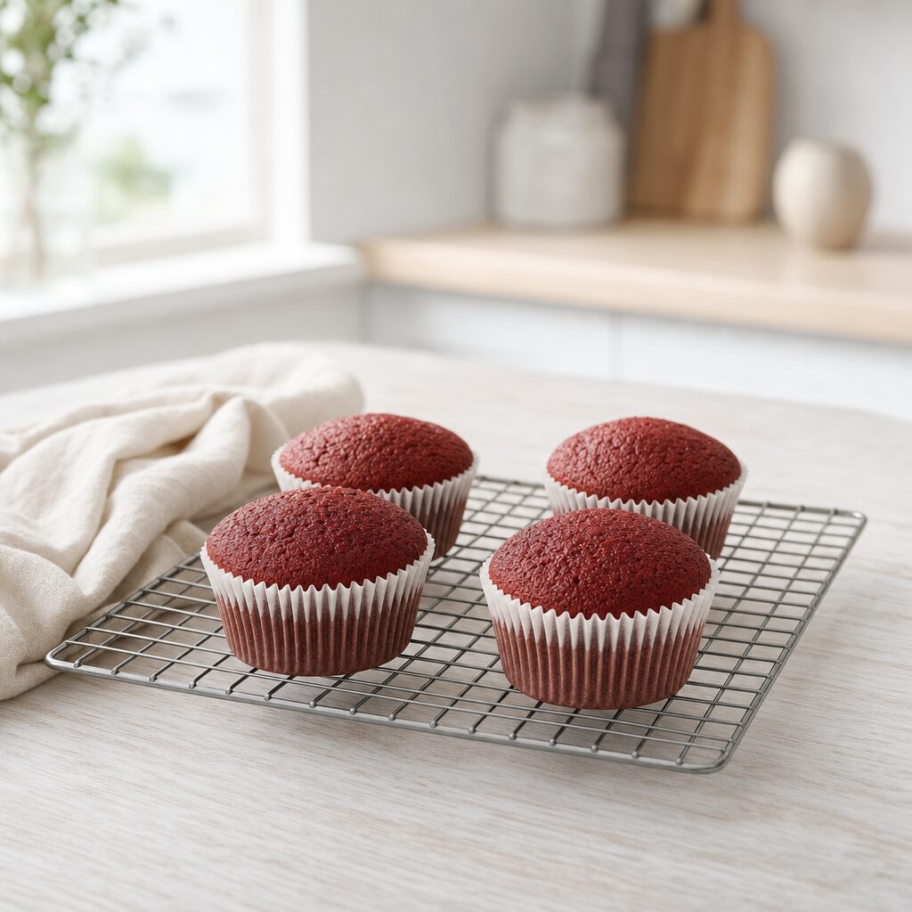 Red velvet cupcakes køler helt af på bagerist før flødeostcreme i min airfryer opskrift