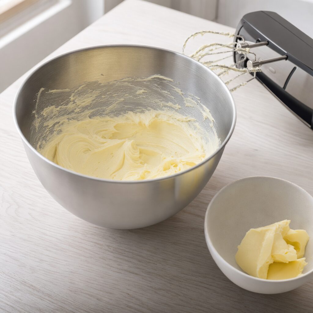 Smør piskes lyst og luftigt til flødeostcreme til red velvet cupcakes i min airfryer opskrift