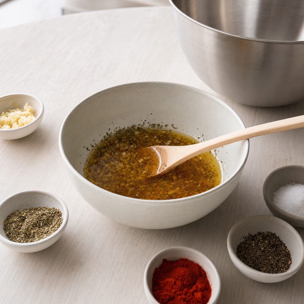 Marinade med olivenolie citron hvidløg og krydderier blandes til souvlaki i min airfryer