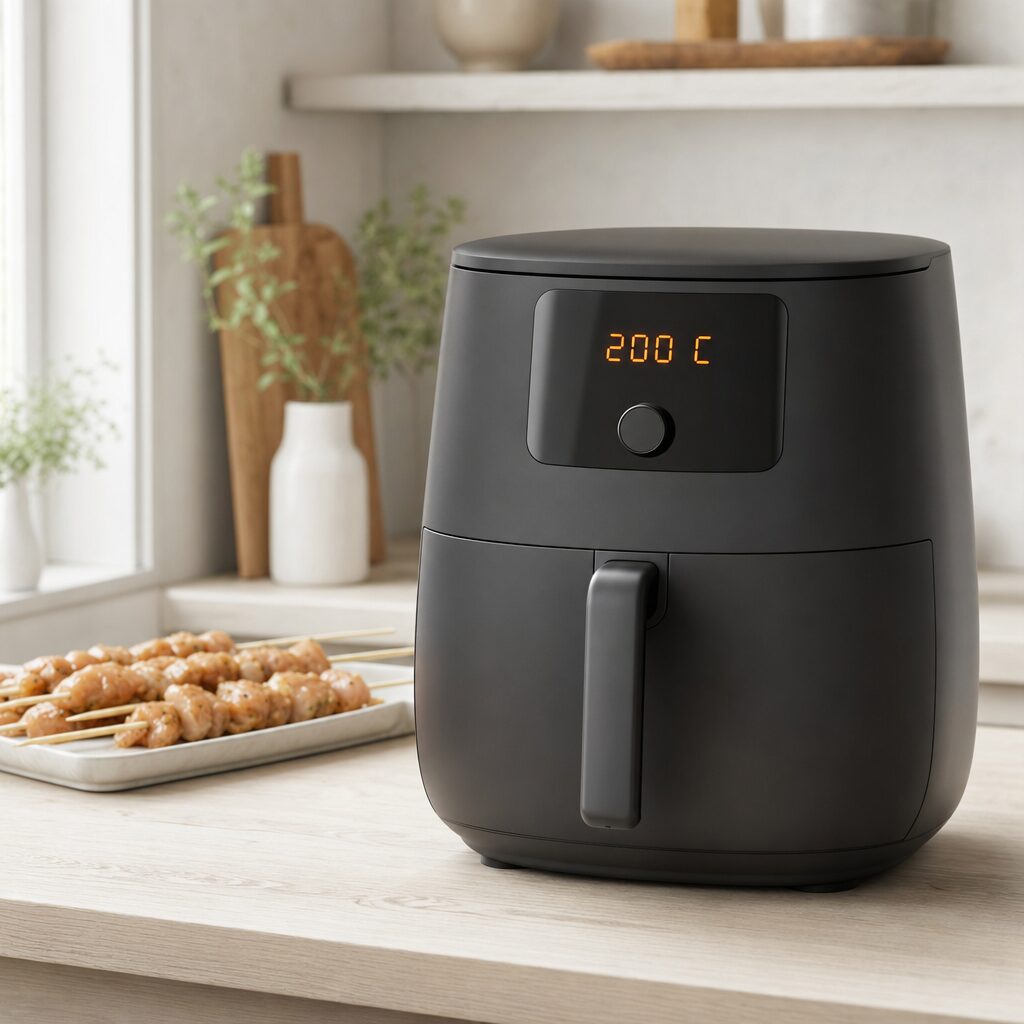 Airfryer forvarmes til 200 grader klar til souvlaki i min airfryer