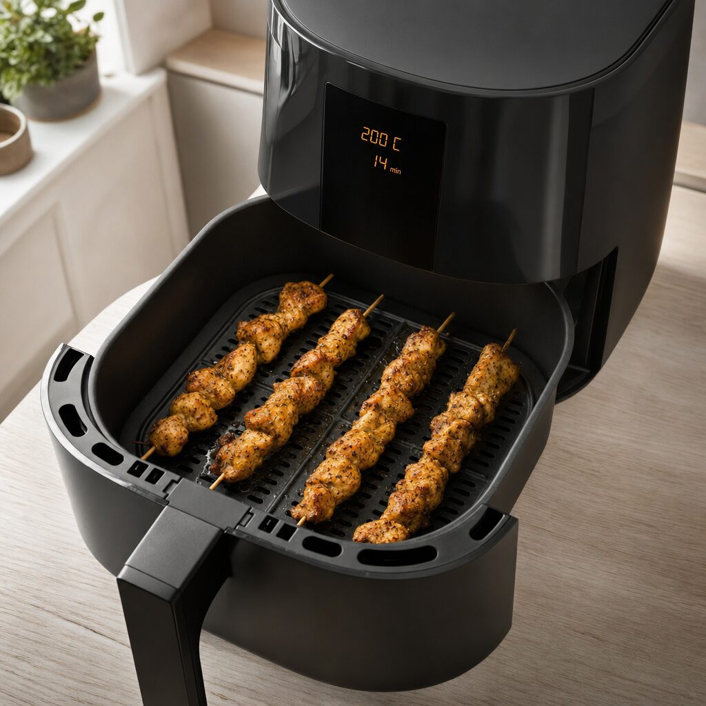Kyllingespyd tilberedes i et enkelt lag i min airfryer til souvlaki