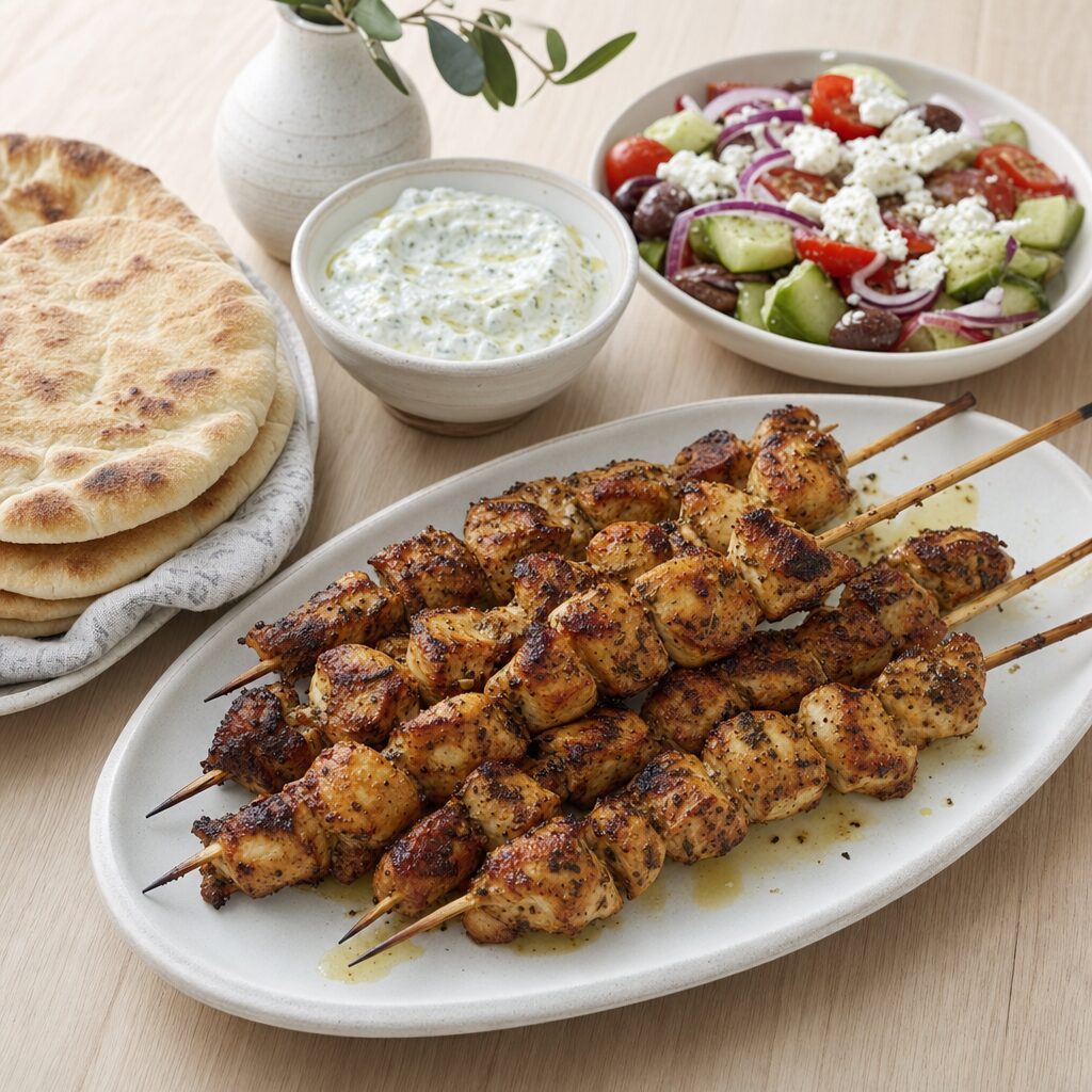 Souvlakispyd serveres med pitabrød tzatziki og græsk salat efter tilberedning i min airfryer