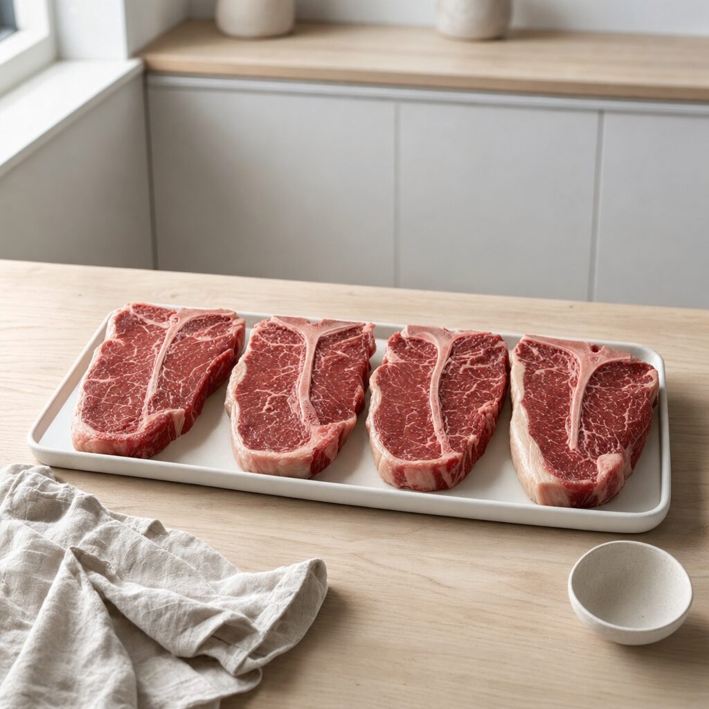 T-bone steaks tempereres til stuetemperatur før tilberedning i min airfryer opskrift