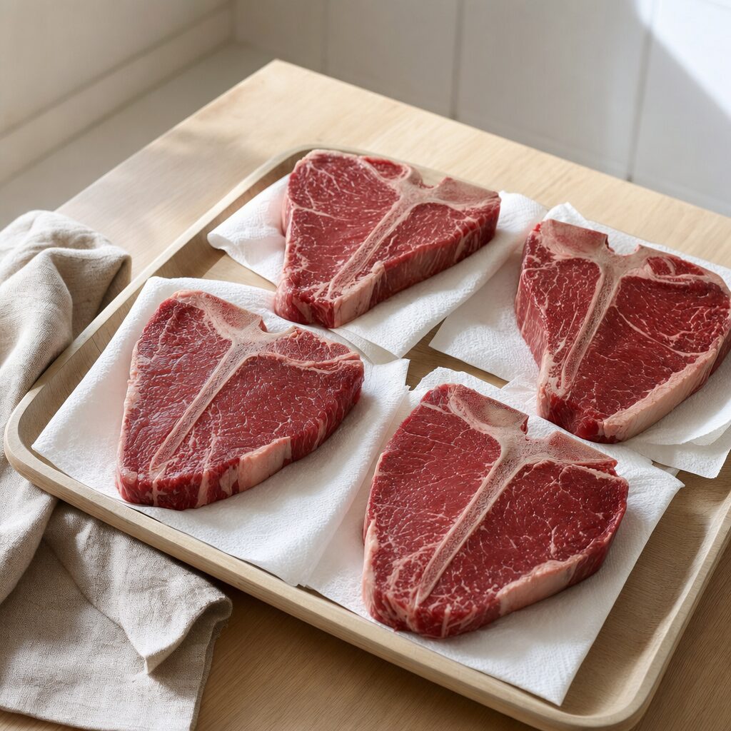 T-bone steaks duppes tørre med køkkenrulle før tilberedning i min airfryer opskrift