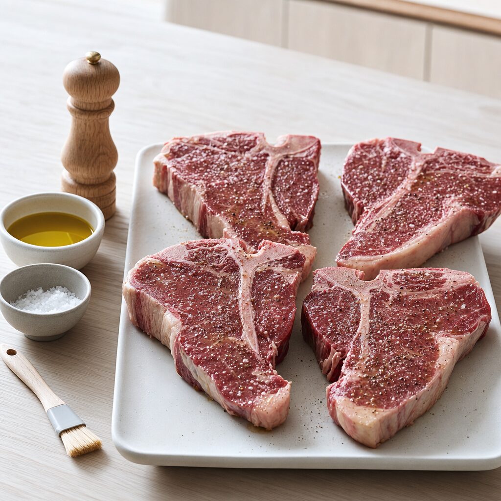 T-bone steaks pensles med olivenolie og krydres med salt og peber til min airfryer opskrift