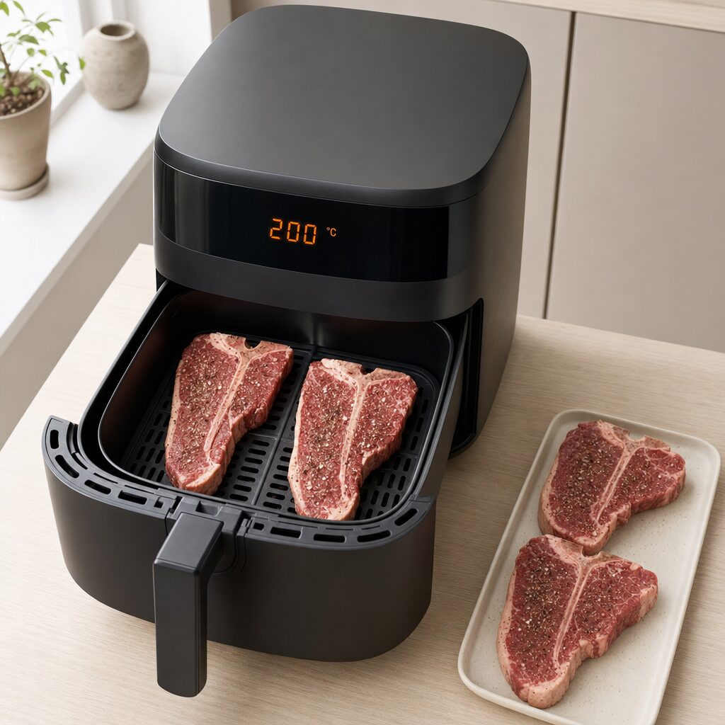 T-bone steaks lægges i airfryer kurven uden at røre hinanden i min airfryer opskrift