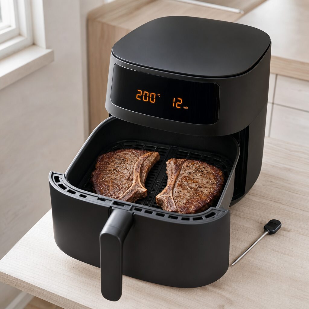 T-bone steaks steges og vendes halvvejs i airfryer med stegetermometer til kernetemperatur
