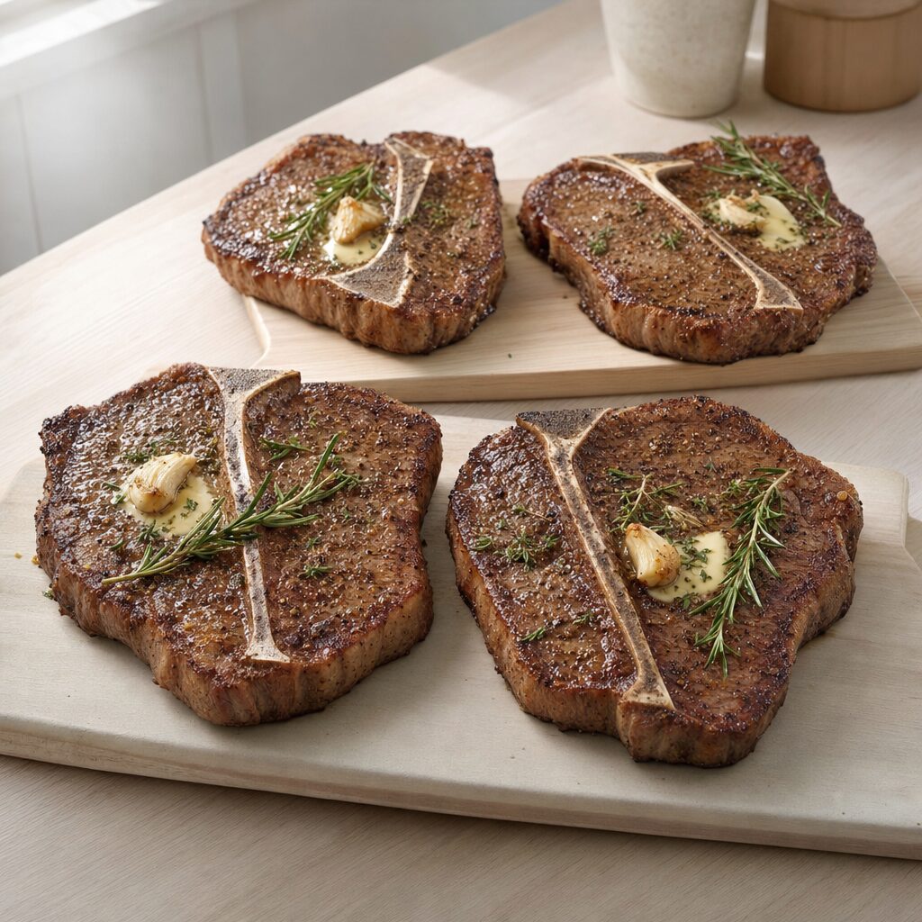 Varme T-bone steaks toppes med smør hvidløg rosmarin og timian efter tilberedning i min airfryer opskrift