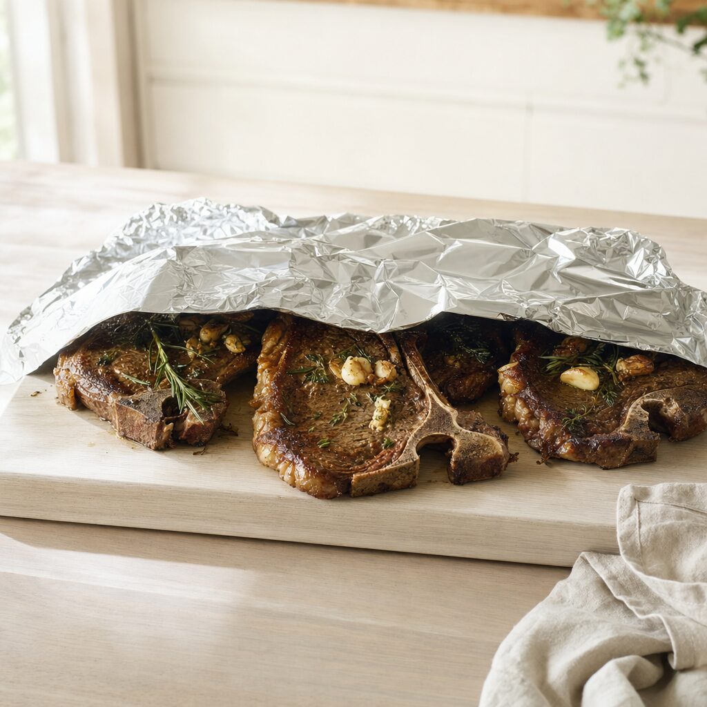 T-bone steaks hviler under alufolie efter tilberedning i min airfryer opskrift