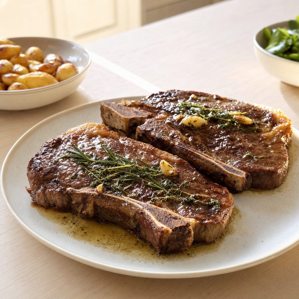 T-bone steaks serveres efter hvile med smør hvidløg og urter i min airfryer opskrift