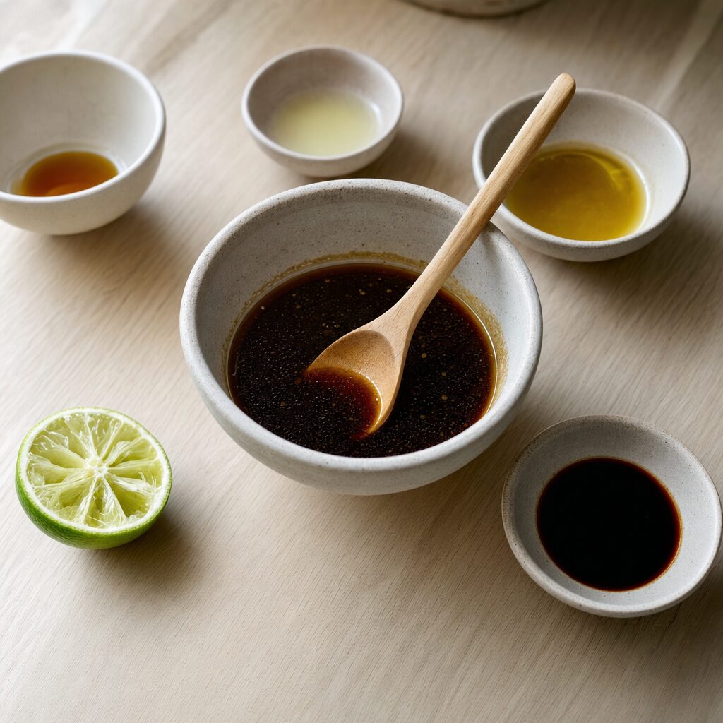 Dressing med sojasovs sesamolie limesaft og ahornsirup røres sammen til tofu salat i min airfryer opskrift