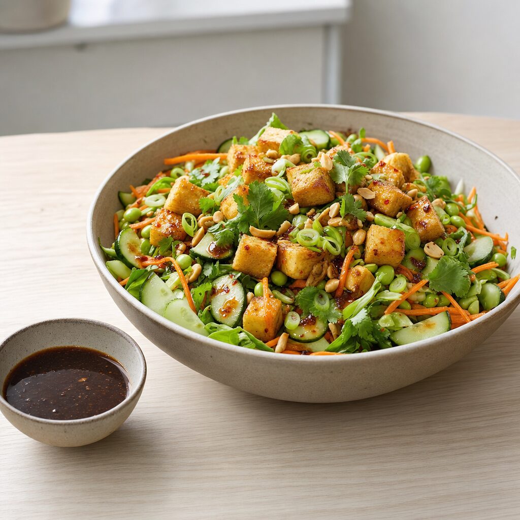 Sprød tofu anrettes på salat med forårsløg peanuts koriander og dressing i min airfryer