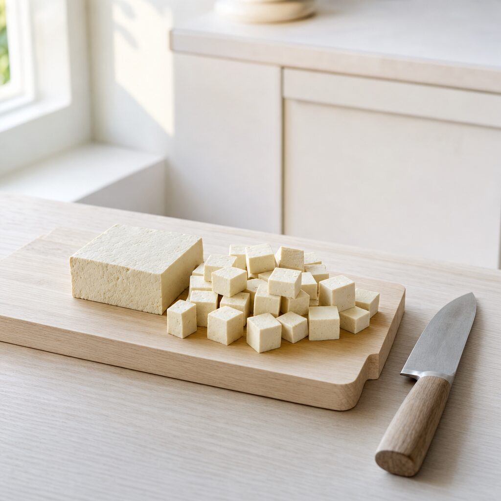 Fast tofu skæres i ensartede terninger klar til marinering i min airfryer opskrift