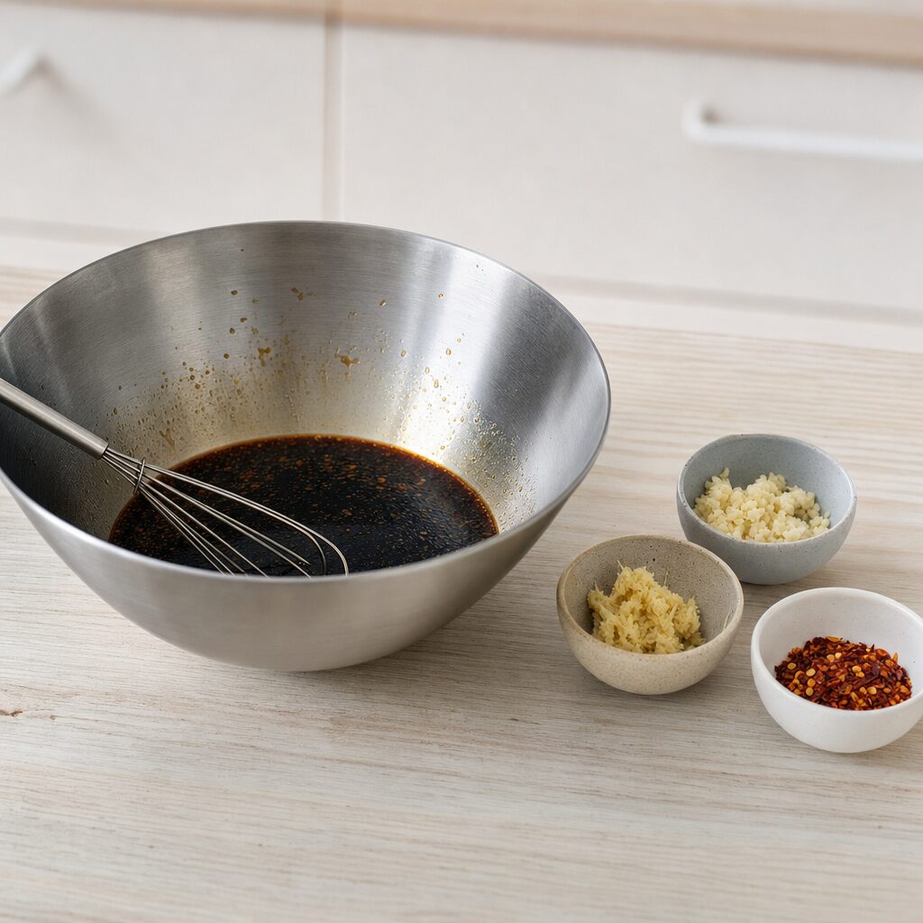 Sojasovs sesamolie risvineddike ahornsirup hvidløg ingefær og chiliflager piskes til marinade til tofu i min airfryer