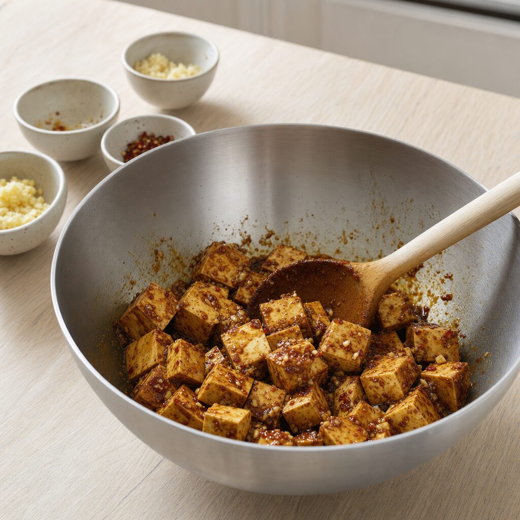 Tofu terninger vendes i marinade og trækker ved stuetemperatur før tilberedning i min airfryer