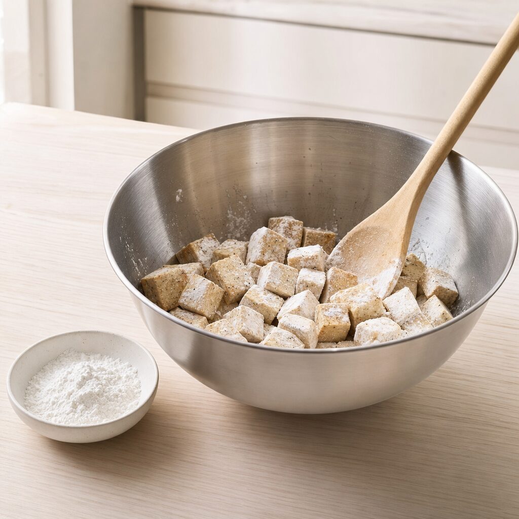 Marinerede tofu terninger drysses med majsstivelse og vendes forsigtigt før tilberedning i min airfryer