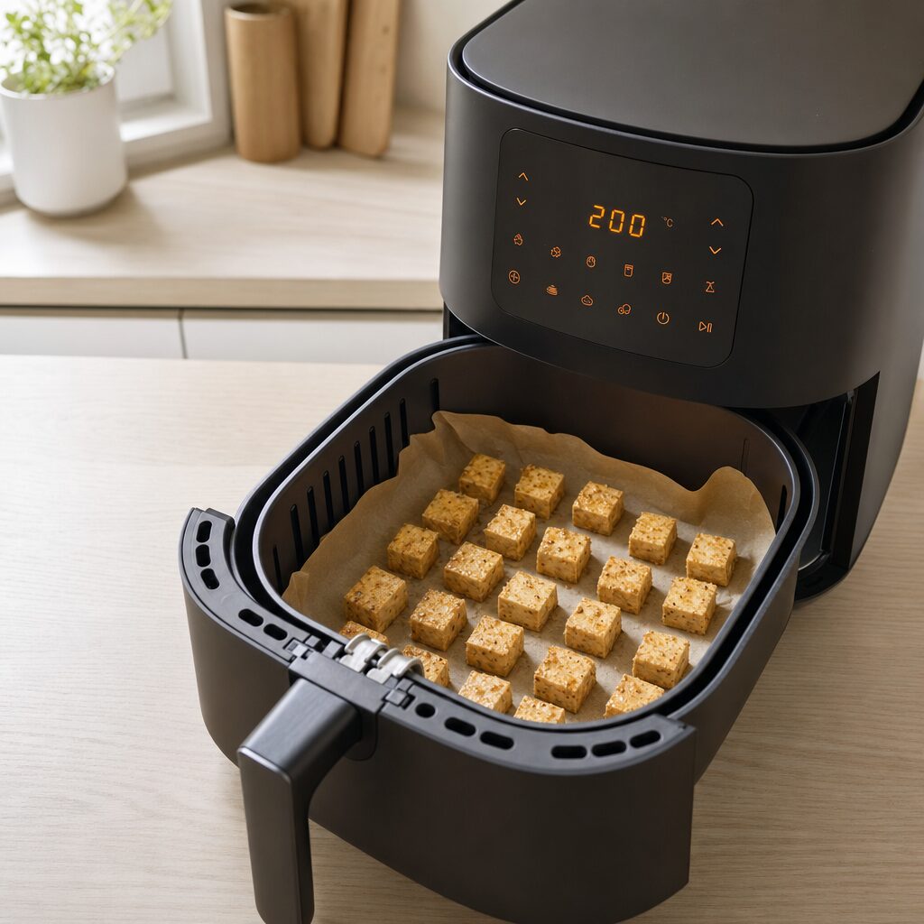Tofu terninger lægges i et enkelt lag på bagepapir i airfryer kurven i min airfryer