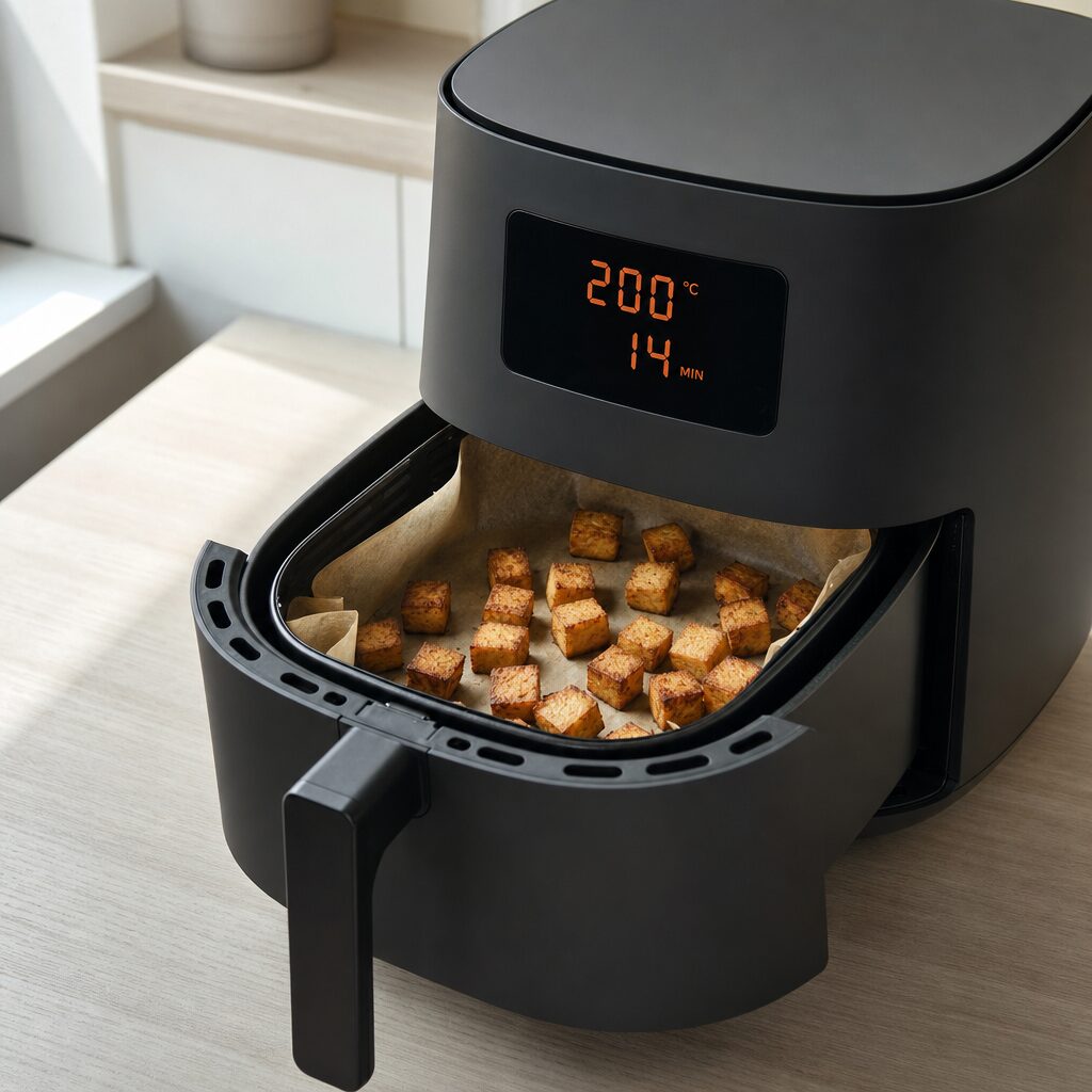 Tofu terninger tilberedes ved 200 grader og rystes halvvejs til de bliver gyldne og sprøde i min airfryer