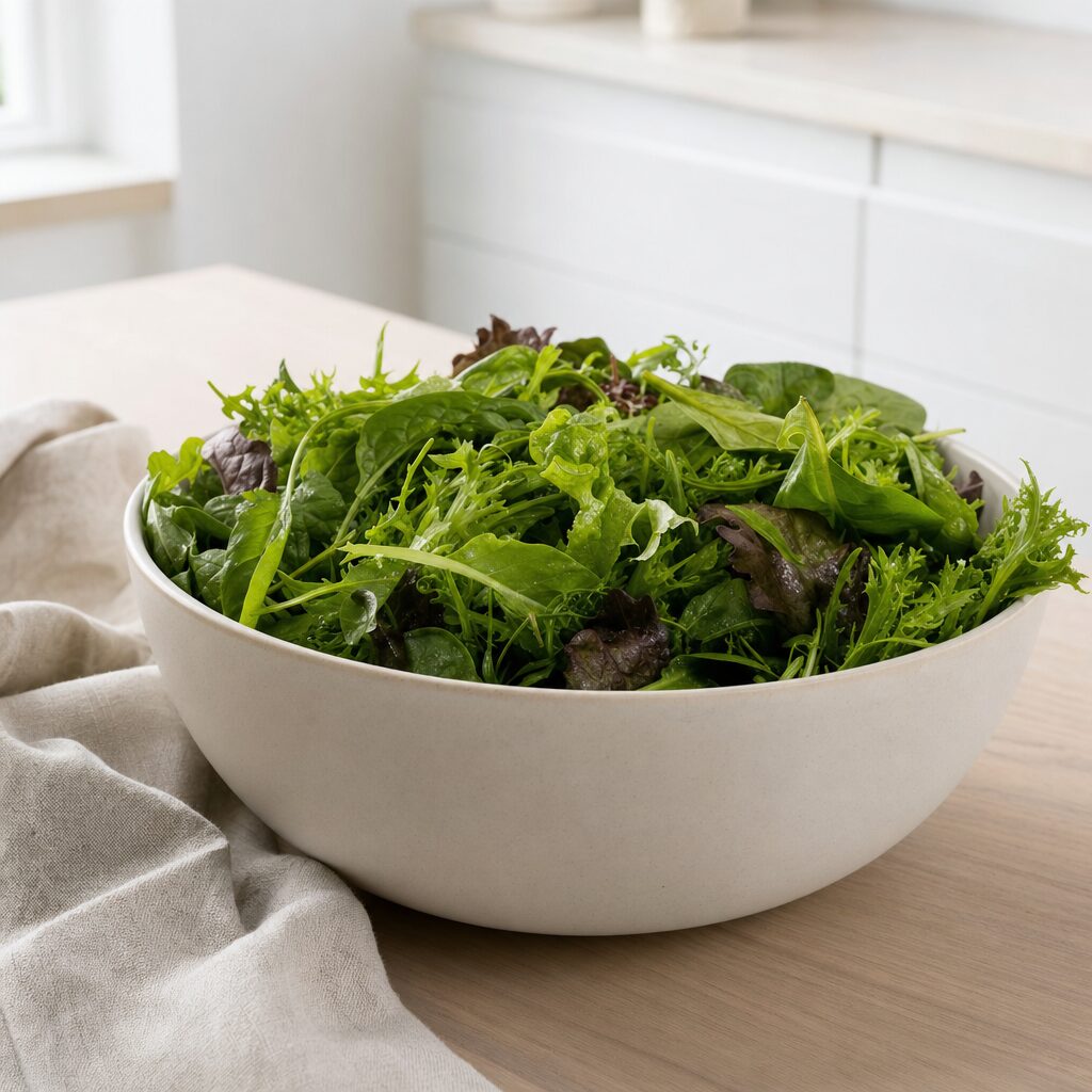 Blandet salat fordeles i en stor salatskål som tilbehør til tofu i min airfryer