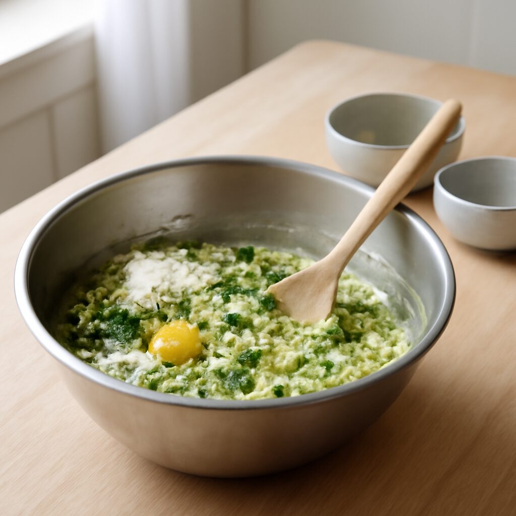 Zucchinidej med æg parmesan forårsløg og dild i en metalskål til zucchinifritter i min airfryer