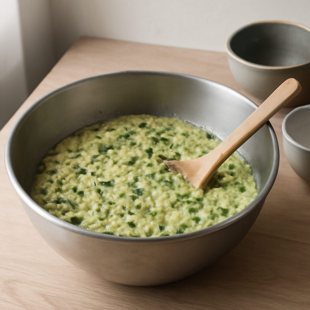 Færdig blandet zucchinidej i en metalskål til zucchinifritter i min airfryer