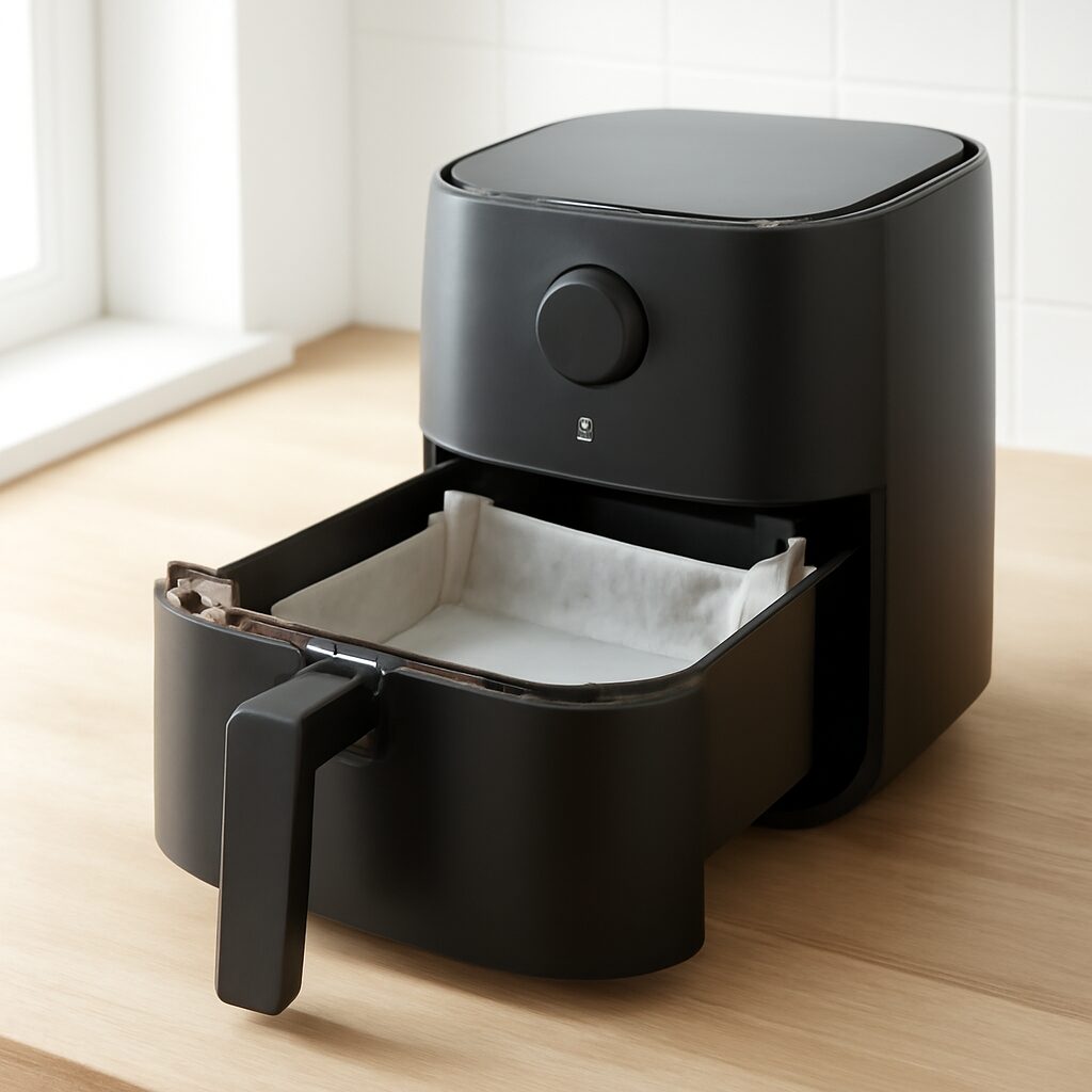 Airfryer med bagepapir i kurven klar til zucchinifritter i min airfryer