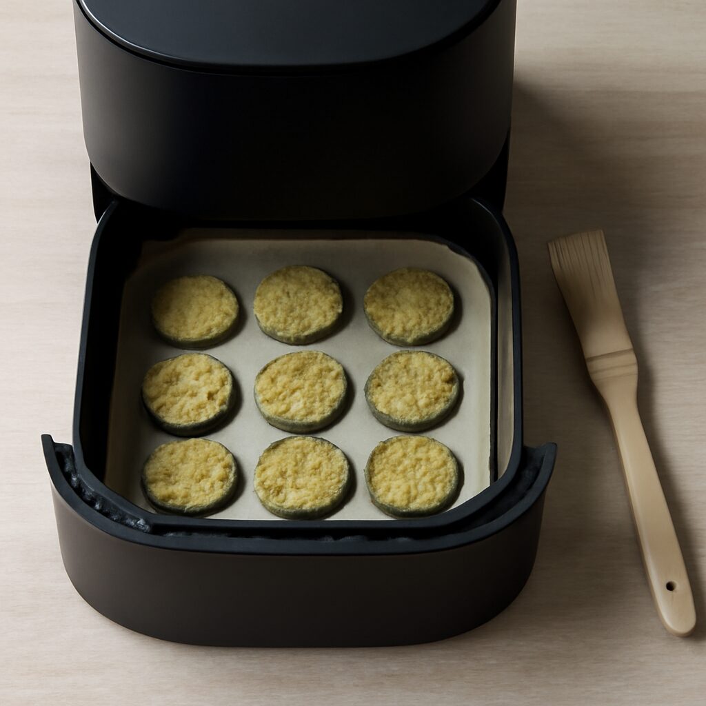 Zucchinifritter fordelt på bagepapir i airfryer kurven og penslet med olie i min airfryer