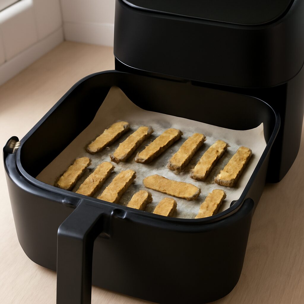 Zucchinifritter i airfryer kurven vendes under tilberedning i min airfryer