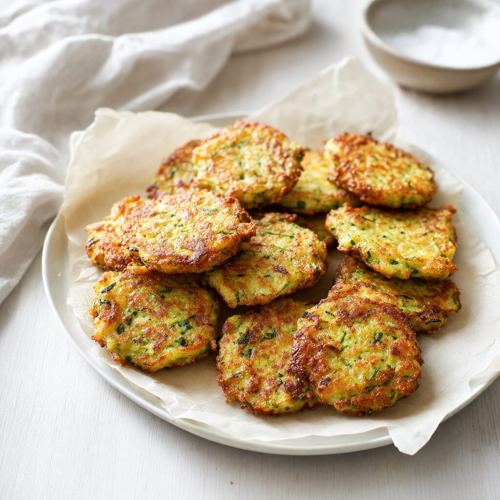 Gyldne zucchinifritter hviler kort før servering efter tilberedning i min airfryer