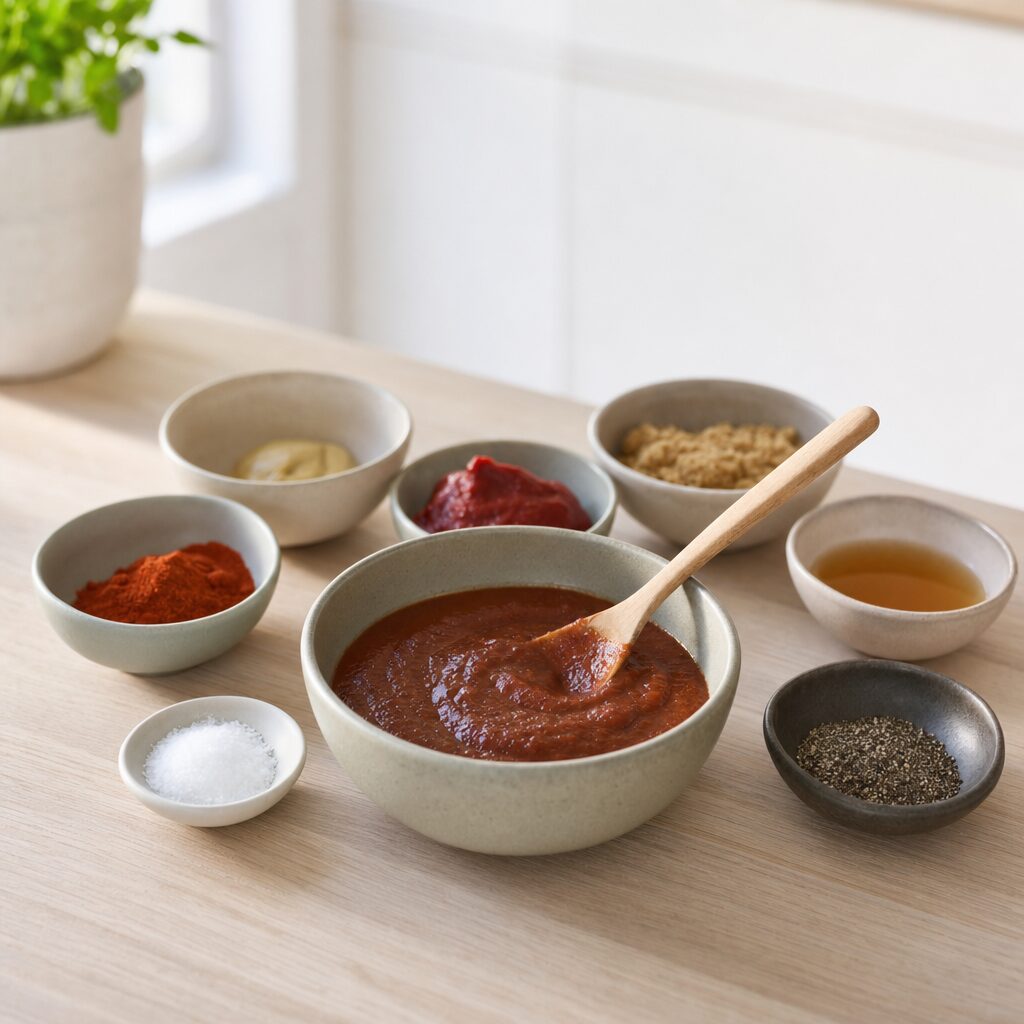 Tomatpuré brun farin æbleeddike Worcestershire dijonsennep røget paprika salt og peber blandes til baked beans i min airfryer opskrift