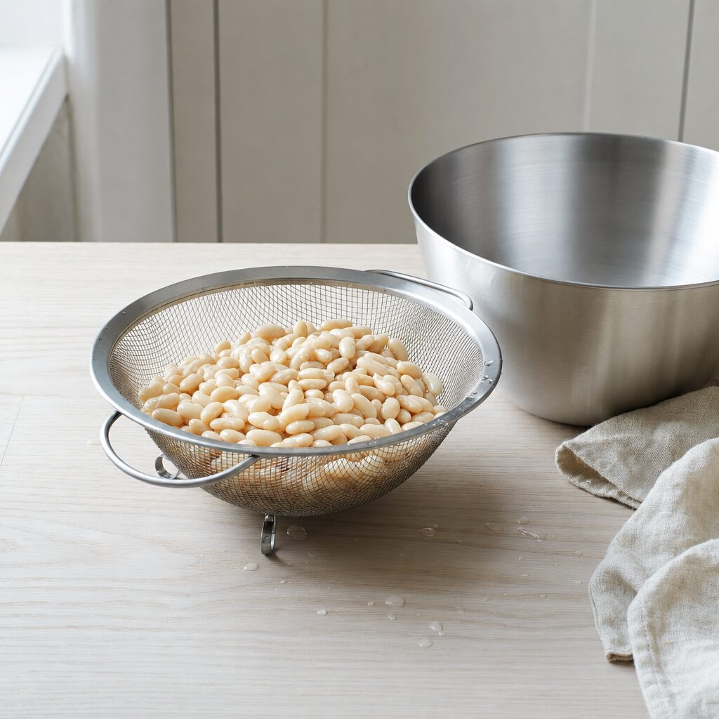 Hvide bønner drænes og skylles kort under koldt vand til baked beans i min airfryer opskrift