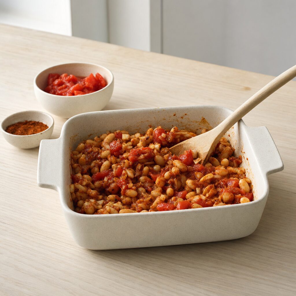 Hvide bønner blandes med løg hvidløg hakkede tomater og krydderiblanding til baked beans i min airfryer opskrift