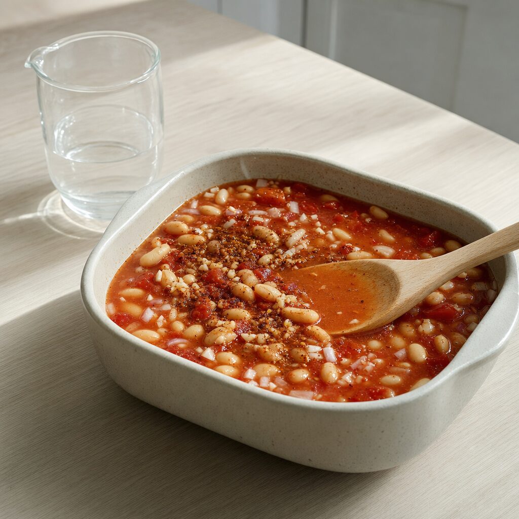 Vand hældes ved baked beans og røres sammen i et lille bagefad til min airfryer opskrift