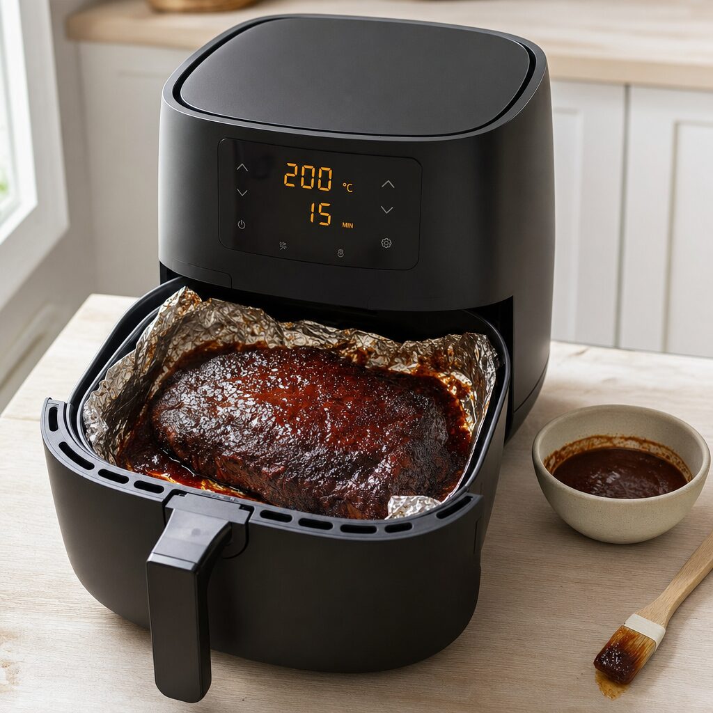 Brisket pensles med BBQ-glaze og får mørk sprød bark i min airfryer