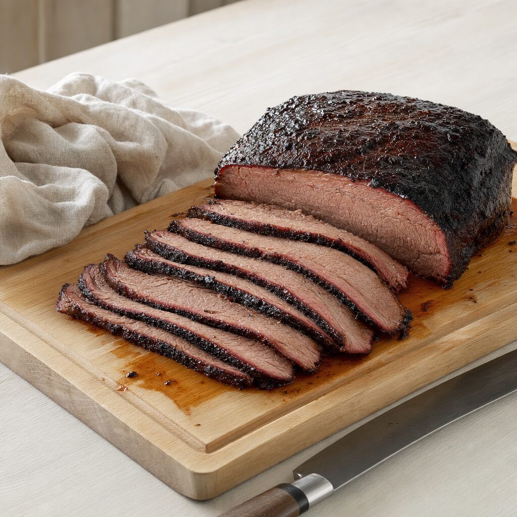 Brisket hviler og skæres i tynde skiver på tværs af kødfibrene efter tilberedning i min airfryer