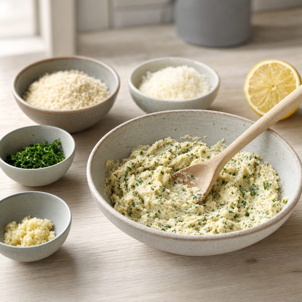 Smør røres med hvidløg persille citron panko parmesan cayenne salt og peber til gratinerede østers i min airfryer