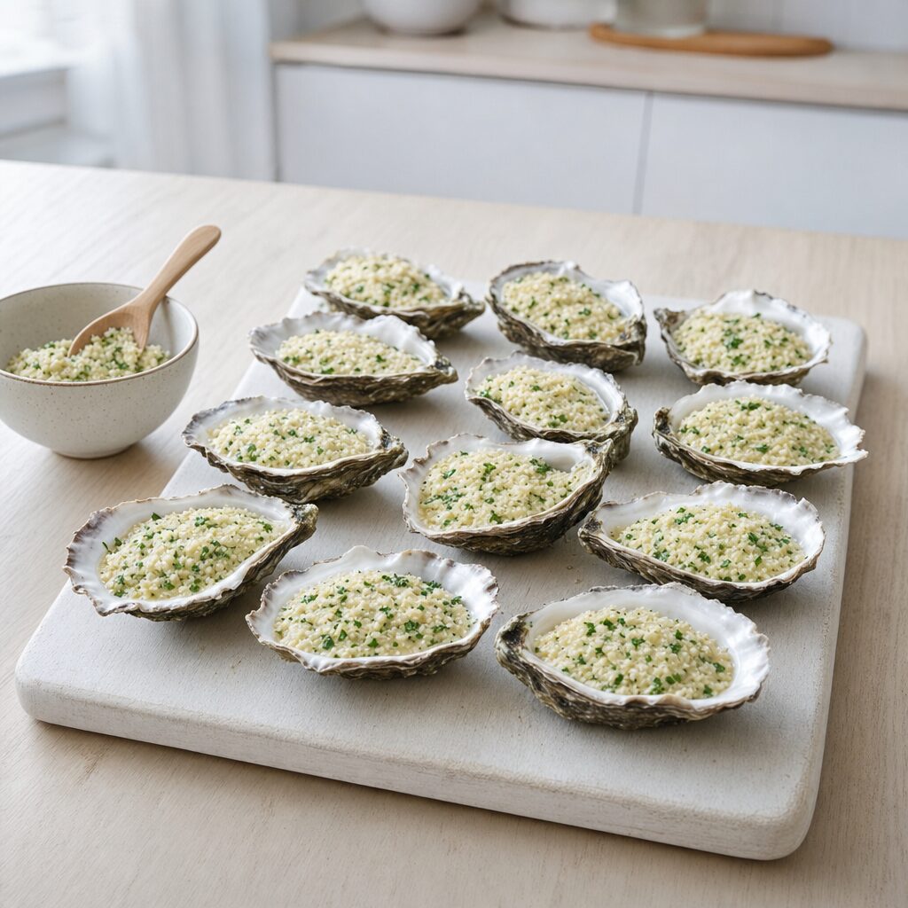 Gratin topping fordeles jævnt over friske østers i halvskal til min airfryer opskrift