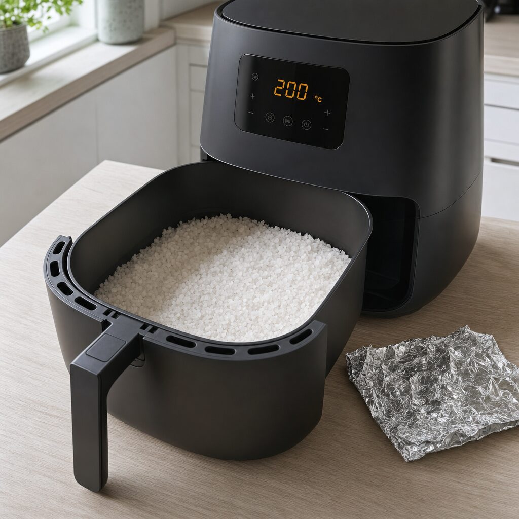 Airfryer kurven klargøres med groft salt eller krøllet alufolie til gratinerede østers i min airfryer